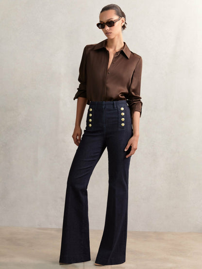 Petite Button-Detail High-Rise Flared Jeans in Dark Blue | Reiss Women Premium