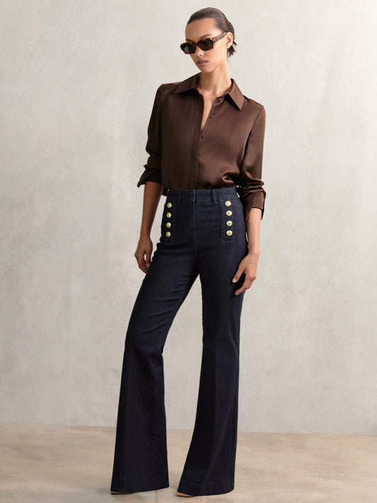 Petite Button-Detail High-Rise Flared Jeans in Dark Blue | Reiss Women Premium