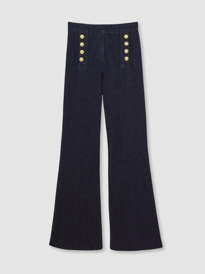 Petite Button-Detail High-Rise Flared Jeans in Dark Blue | Reiss Women Premium