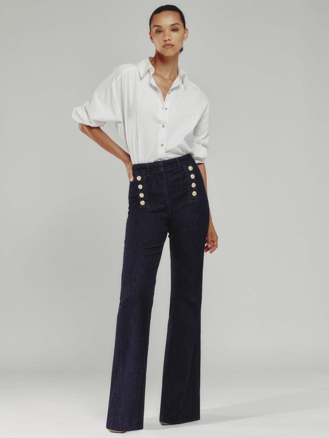 Petite Button-Detail High-Rise Flared Jeans in Dark Blue | Reiss Women Premium