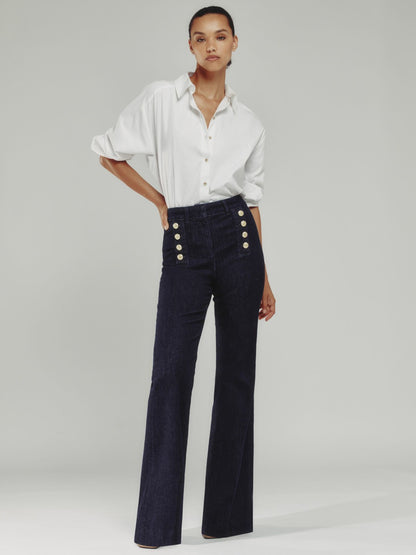 Petite Button-Detail High-Rise Flared Jeans in Dark Blue | Reiss Women Premium