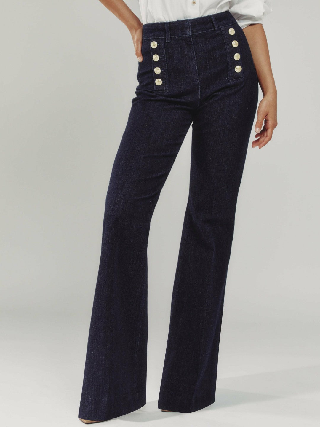 Petite Button-Detail High-Rise Flared Jeans in Dark Blue | Reiss Women Premium