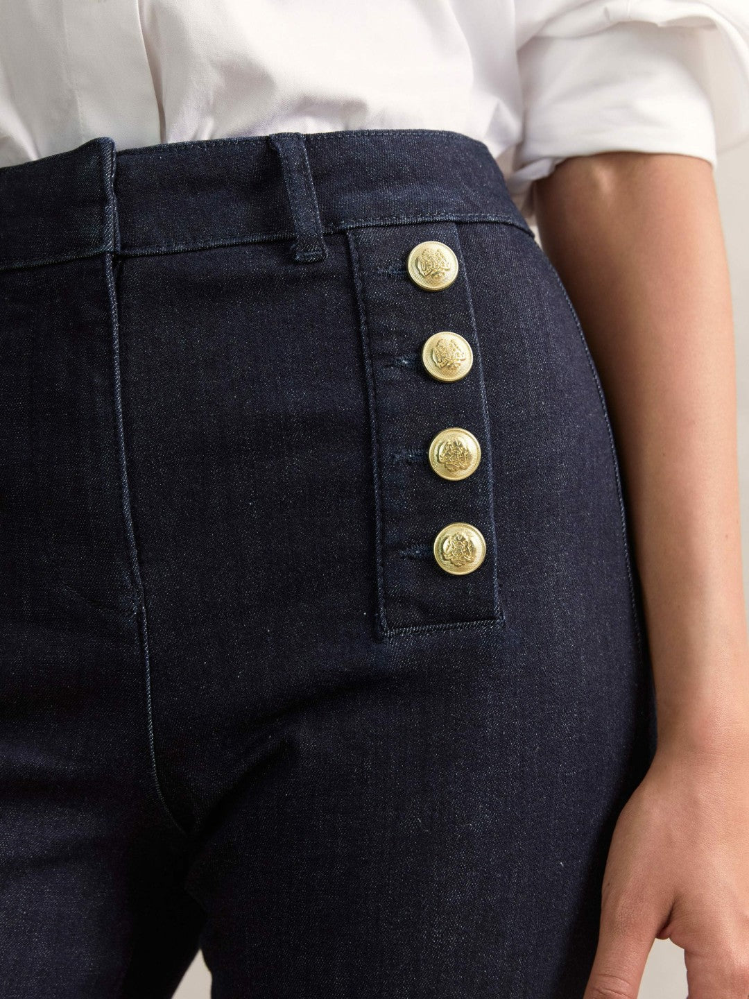 Petite Button-Detail High-Rise Flared Jeans in Dark Blue | Reiss Women Premium